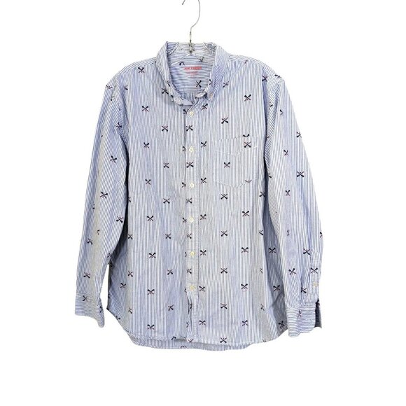 Mens Lacrosse Print Button Down Shirt Size Large Striped Cotton Long Sleeve - Picture 1 of 5